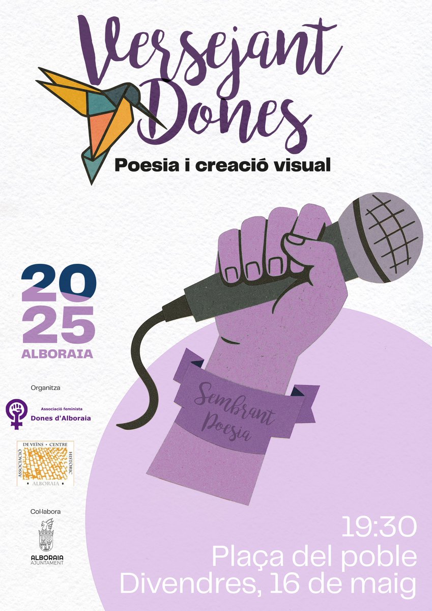 Sembrant Poesia Alboraia (@salboraia) on Twitter photo Recordeu les properes cites:
Dijous 15 _ 19:00: Coral de la Societat Musical d'Alboraia a la plaça del Poble. 19:45: Conversa i recital amb poetes joves à cà rrec de <a href="/MjEscriva/">Maria Josep Escrivà </a>, al Nostre Bar Alboraia.
Divendres 16 _ 19:30 Versejant dones a la plaça del Poble. Recordeu les properes cites:
Dijous 15 _ 19:00: Coral de la Societat Musical d'Alboraia a la plaça del Poble. 19:45: Conversa i recital amb poetes joves à cà rrec de <a href="/MjEscriva/">Maria Josep Escrivà </a>, al Nostre Bar Alboraia.
Divendres 16 _ 19:30 Versejant dones a la plaça del Poble.