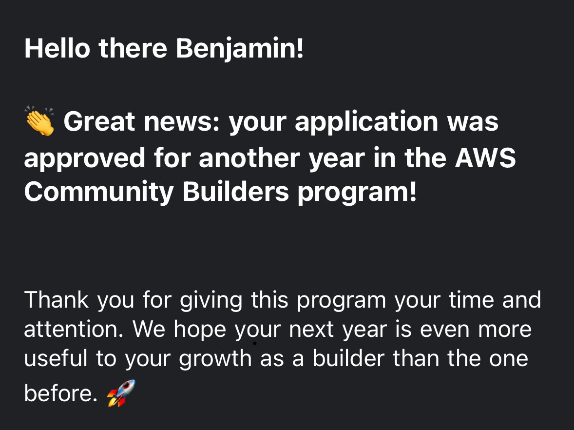 rexben001's tweet image. Proud to be entering my 5th year as an AWS Community Builder!
Huge thanks to @awscloud for the support, community, and learning over the years. Let’s keep building!
#AWS #CommunityBuilder #YearFive #Cloud #DevCommunity
