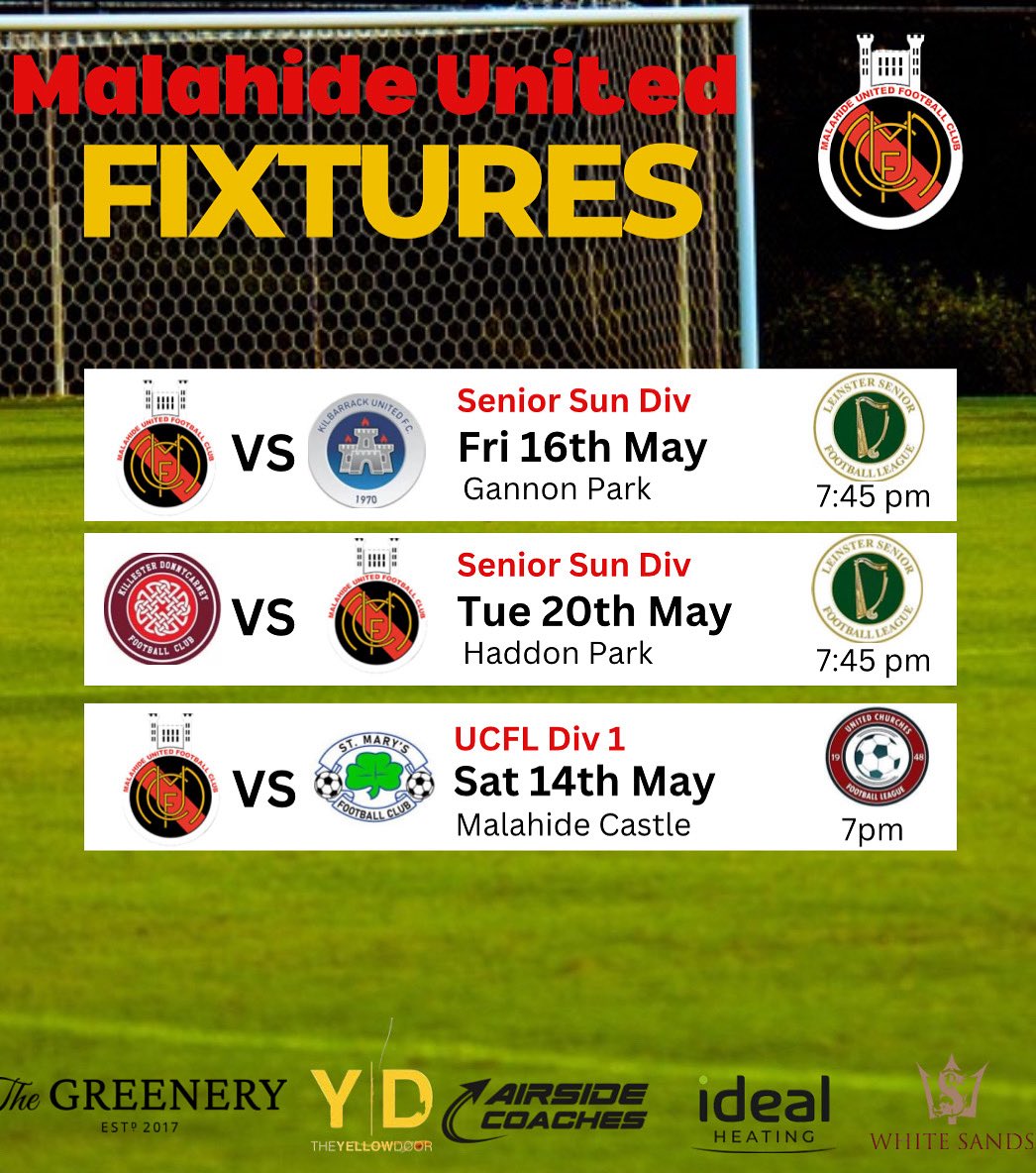 Our senior sides have some upcoming fixtures 🔴⚫️

Our senior Sunday side have two important upcoming fixtures @leinsterseniorleague 

Friday the 16th of May home to @kilbarrackunited in the league 

Tuesday the 20th of May away to @killester_donnycarneyfc