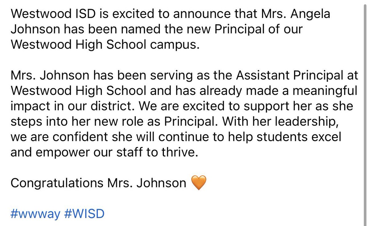 Westwood ISD (@westwoodisd) on Twitter photo Westwood ISD is excited to announce that Mrs. Angela Johnson has been named the new Principal of our Westwood High School campus. <a href="/whs_palestine/">WESTWOOD HIGH SCHOOL</a>
#wwway #WISD Westwood ISD is excited to announce that Mrs. Angela Johnson has been named the new Principal of our Westwood High School campus. <a href="/whs_palestine/">WESTWOOD HIGH SCHOOL</a>
#wwway #WISD