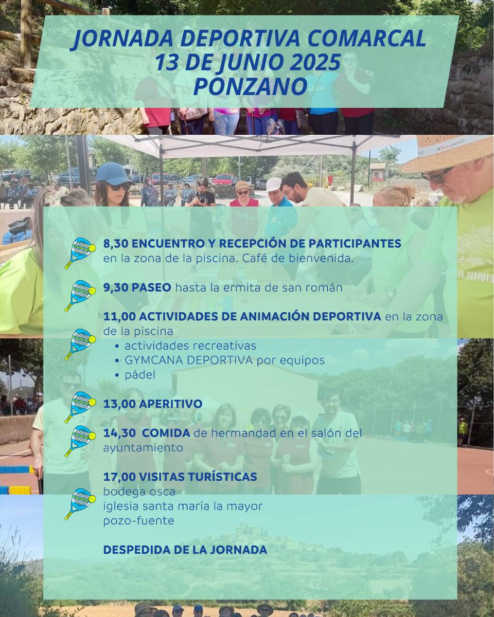 📢 Convocatoria Oficial: Jornada Fin de Curso Act. Deportivas Comarcales.
 🗓️ 13 junio 2025, Ponzano.
Programa: Desayuno🥐, senderismo🥾, gymkana🏃‍♀️, comida🍽️, visita bodegas OSCA🍷.
¡Deporte, cultura y convivencia!
Inscríbete: monitor🧘, 📧 deportes@somontano.org, WA 636995935.