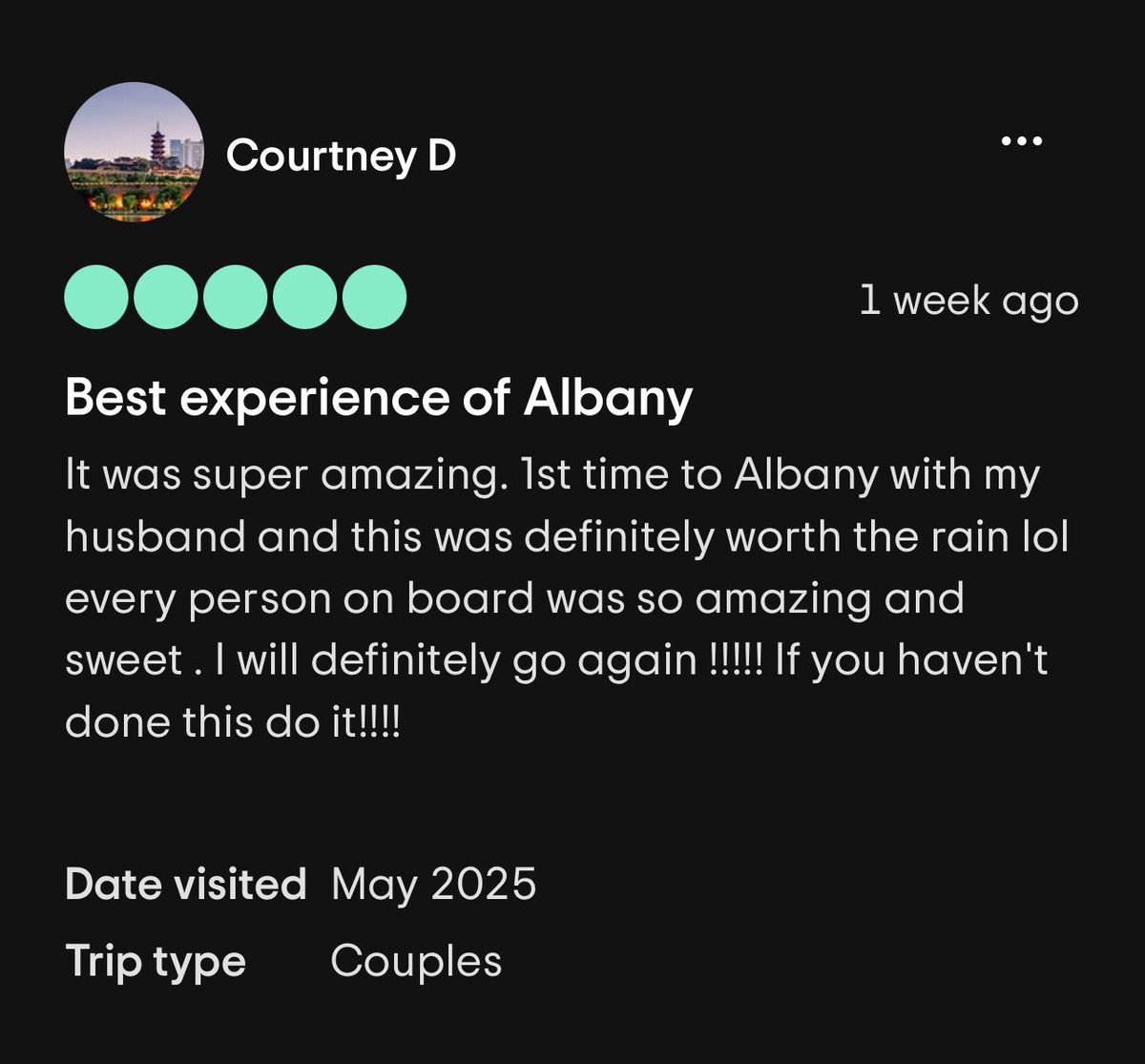 “‘Best experience of Albany!’ – Thanks to Courtney D. for cruising with us last weekend!🫶❤️😍

#DutchAppleCruises #albanysriverboat #discoveralbany #Albanyny #hudsonriver #hudsonrivercruise