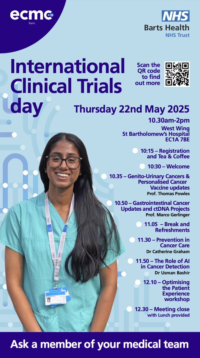 Barts Experimental Cancer Medicine Centre (@bartsecmc) on Twitter photo Join us for International Clinical Trials Day
Hear about latest cancer research success at Bart’s - new cancer blood tests, vaccines and new treatments
📆 Thurs 22nd May 10am-2pm
📍 West Wing, St Bart’s hospital
Please sign up via link below
<a href="/Barts_Charity/">Barts Charity</a> <a href="/ECMC_UK/">ECMC Network (@ecmc-uk.bsky.social)</a> Join us for International Clinical Trials Day
Hear about latest cancer research success at Bart’s - new cancer blood tests, vaccines and new treatments
📆 Thurs 22nd May 10am-2pm
📍 West Wing, St Bart’s hospital
Please sign up via link below
<a href="/Barts_Charity/">Barts Charity</a> <a href="/ECMC_UK/">ECMC Network (@ecmc-uk.bsky.social)</a>