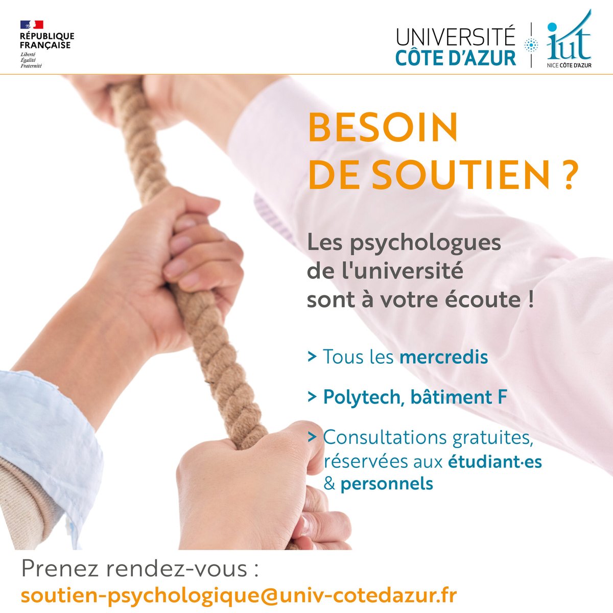 #SSU ⚕
Consultation de #Psychologie #Gratuite pour étudiant·es &amp; personnels
👉 Site de Sophia Antipolis : Tous les mercredis
Proposé par le Service de Santé Universitaire d'@univ_cotedazur

#IUTNCA
#UnivCotedAzur
#Nice06