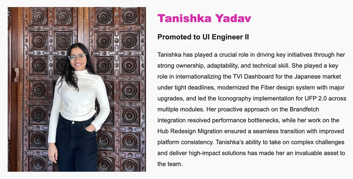 Tanishka Yadav (@tanishka__yadav) on Twitter photo Hello 👋
A little update here! Celebrating this milestone-<a href="/wearemiq/">MiQ Digital</a>
I used to hear first promotions are always very special and now get to experience it!
Your girl is a UI Engineeer II 🚀
Forever grateful and excited for what’s ahead! 💜 Hello 👋
A little update here! Celebrating this milestone-<a href="/wearemiq/">MiQ Digital</a>
I used to hear first promotions are always very special and now get to experience it!
Your girl is a UI Engineeer II 🚀
Forever grateful and excited for what’s ahead! 💜