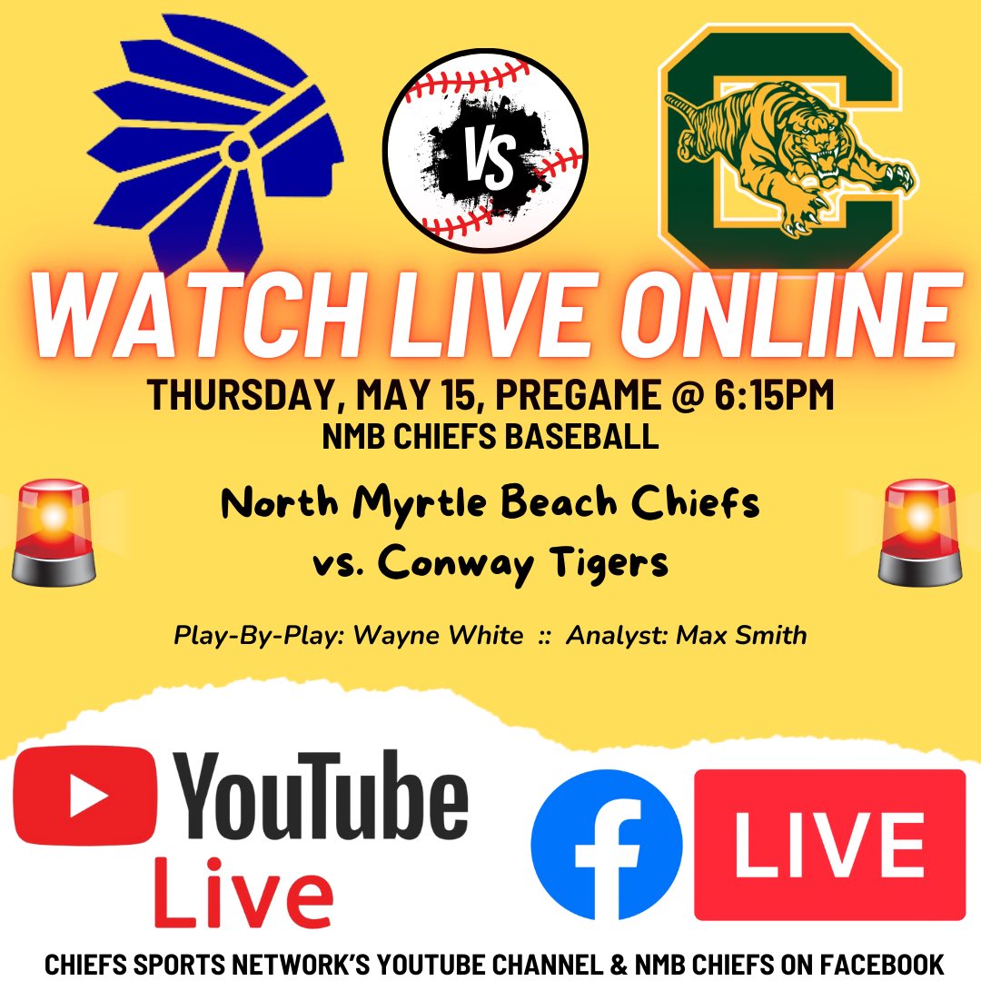 North Myrtle Beach Chiefs Sports Network (@nmbchiefsonline) on Twitter photo GAMEDAY…AGAIN! Rain/lightning won yesterday but the <a href="/DiamondChiefs/">Coach BA. Alderson</a> and <a href="/conway_baseball/">Conway Baseball</a> are ready again!
📍The Hank @ NMB
⏰6:15pm
🎟️GoNMBChiefs.com
🎥Facebook/NMB Chiefs
🎥YouTube/Chiefs Sports Network
<a href="/jwedrasc/">Joe Wedra</a> <a href="/CoachH11/">Tony Heilbronn</a> GAMEDAY…AGAIN! Rain/lightning won yesterday but the <a href="/DiamondChiefs/">Coach BA. Alderson</a> and <a href="/conway_baseball/">Conway Baseball</a> are ready again!
📍The Hank @ NMB
⏰6:15pm
🎟️GoNMBChiefs.com
🎥Facebook/NMB Chiefs
🎥YouTube/Chiefs Sports Network
<a href="/jwedrasc/">Joe Wedra</a> <a href="/CoachH11/">Tony Heilbronn</a>