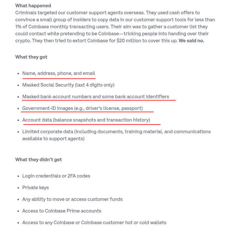LefterisJP's tweet photo. Coinbase just proved again why centralized data honeypots are a disaster waiting to happen. KYC means handing over your identity to be leaked, sold, or extorted.

The combination of data exposed here (real life addresses, crypto addresses and amount and real life id documents) is lethal.

It was 2 days ago that we saw a violent attack in Paris.

Minimize the data you share with centralized tools. Store as much as you can locally. Always ask yourself what data am I giving and to whom? Remove the need for trust.

Start today. Use rotki.