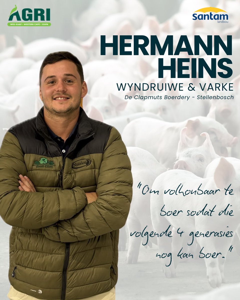 Ontmoet vir 𝗛𝗘𝗥𝗠𝗔𝗡𝗡 𝗛𝗘𝗜𝗡𝗦 (25), wat 125 hektaar wingerd en 450 varksôe in die Stellenbosch-streek bestuur. 🍇🐖🚜

#AgriWesKaap #AgriWesternCape #Jongboervandiejaar2025 #HermannHeins