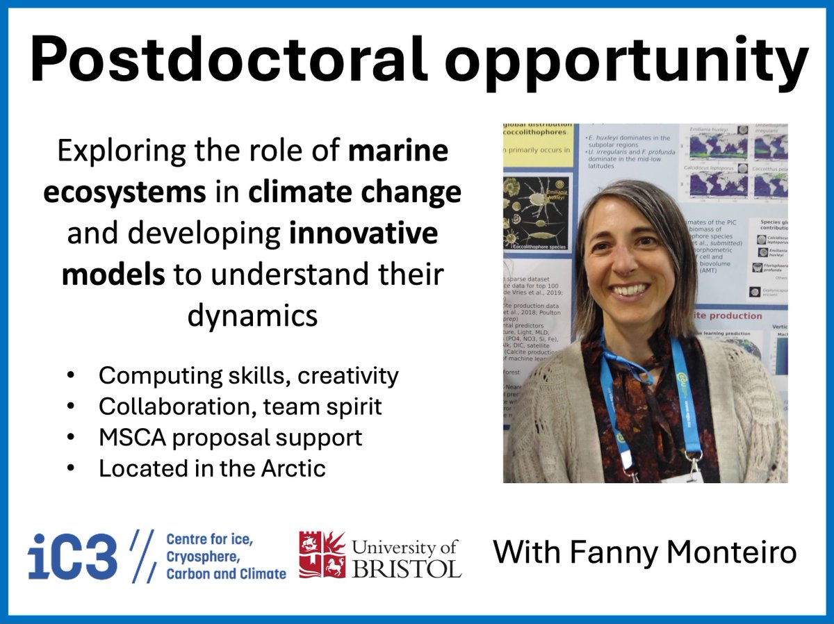 📣POSTDOC OPPORTUNITY📣: Ancient and future ice sheets 

👉Fanny Monteiro is looking for a postdoctoral fellow interested in exploring the role of marine ecosystems in climate change and developing innovative models to understand their dynamics.

👉ic3.uit.no/news/glaciolog…