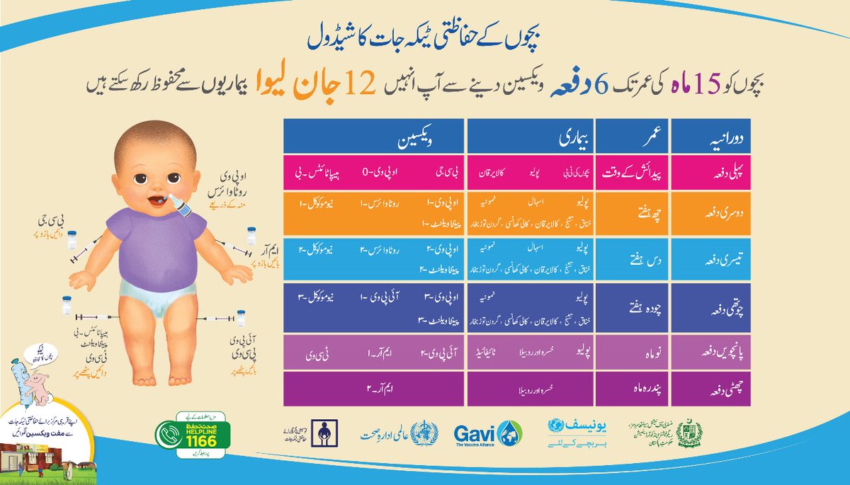 کیا آپ جانتے ہیں؟ 

حکومتِ پاکستان درج ذیل  ای پی آئی شیڈول کے مطابق بچوں کو ان کی عمر کے مختلف مراحل میں 12 جان لیوا بیماریوں کے خلاف مفت ویکسین فراہم کرتی ہے-

اپنے بچوں کی حفاظت کے لیے انہیں مقررہ عمر پر قریبی مرکز صحت سے ویکسین لگوائیں اور ایک صحت مند مستقبل کا آغاز کریں۔