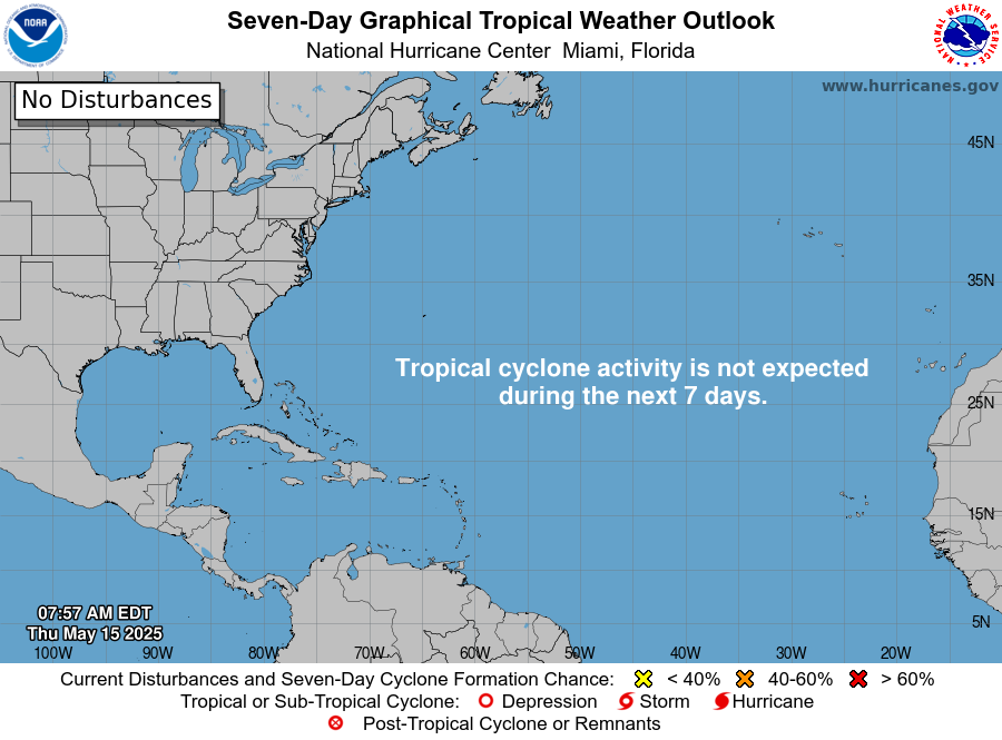 weatherjamaica's tweet photo. Today, Thursday, May 15, 2025, marks the official start of the Eastern Pacific hurricane season, and as such, the U.S. National Hurricane Center has resumed issuing seven-day graphical tropical weather outlooks, including for the Atlantic. No activity is expected. https://t.co/bnNsEFYMwj