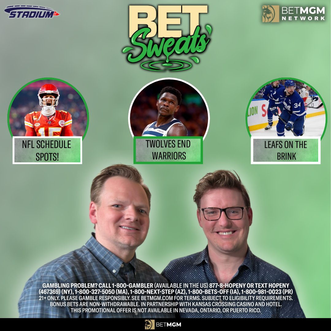 Bet Sweats (@bet_sweats) on Twitter photo LIVE <a href="/Bet_Sweats/">Bet Sweats</a> presented by <a href="/BETMGMNetwork/">BETMGM Network</a>
⏰ 9a-12p ET
🎙️ <a href="/JoeOstrowski/">Joe Ostrowski</a> & <a href="/spshoot/">Sammy P</a>
Guests
Eddie Olczyk - 9:20
<a href="/NickFriedell/">Nick Friedell</a> - 10
<a href="/adamchernoff/">Adam Chernoff</a> - 11:20
Topics
NFL Schedule Spots!
Twolves End Warriors
Leafs on the Brink
📺 9 - 10am <a href="/Stadium/">Stadium</a> ➡️ bit.ly/43NnjVq
📻 LIVE <a href="/Bet_Sweats/">Bet Sweats</a> presented by <a href="/BETMGMNetwork/">BETMGM Network</a>
⏰ 9a-12p ET
🎙️ <a href="/JoeOstrowski/">Joe Ostrowski</a> & <a href="/spshoot/">Sammy P</a>
Guests
Eddie Olczyk - 9:20
<a href="/NickFriedell/">Nick Friedell</a> - 10
<a href="/adamchernoff/">Adam Chernoff</a> - 11:20
Topics
NFL Schedule Spots!
Twolves End Warriors
Leafs on the Brink
📺 9 - 10am <a href="/Stadium/">Stadium</a> ➡️ bit.ly/43NnjVq
📻