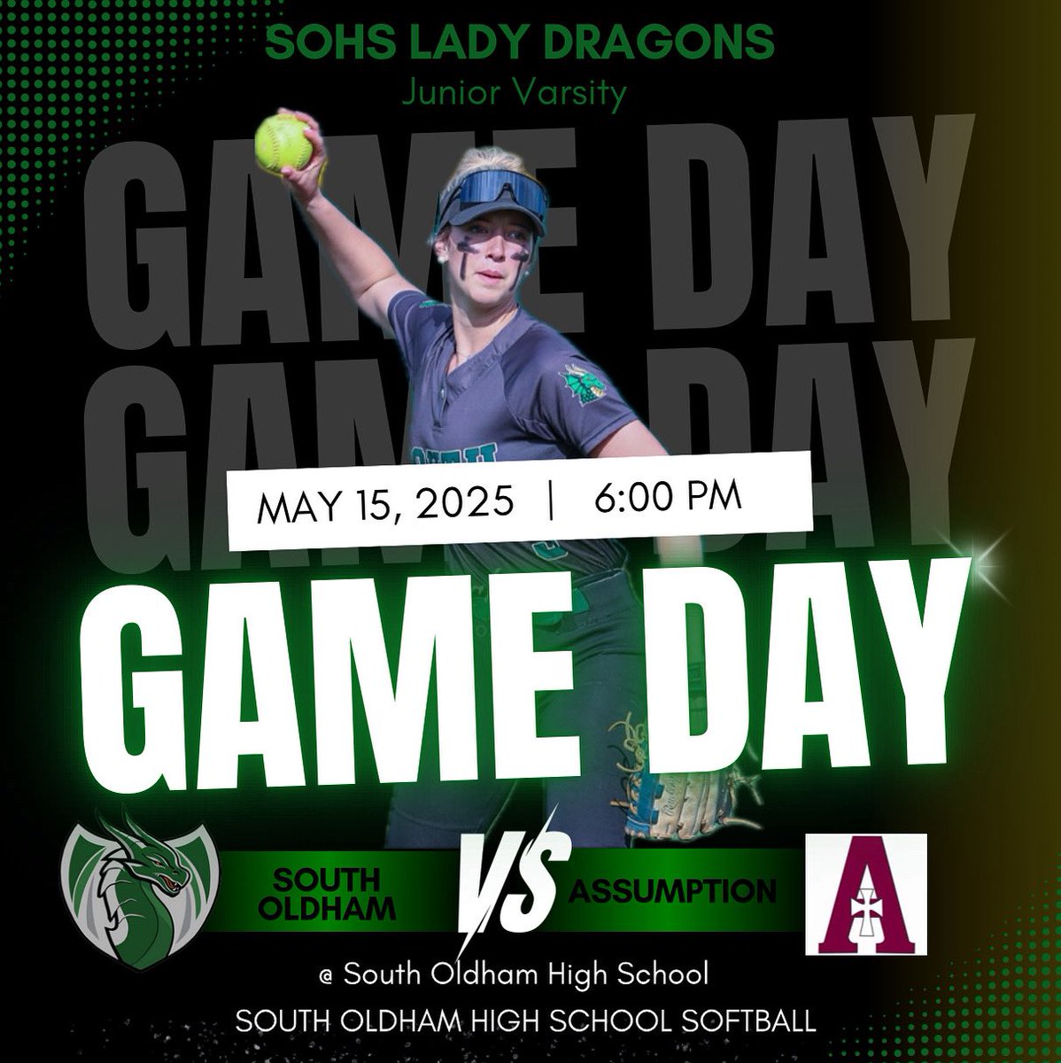 📢 It’s Game Day‼️
🆚 Assumption 
⏰ JV Only 6:00
📍@ South Oldham High School 
🎟️ @ go fan -gofan.co/app/school/KY6…
📊 web.gc.com/teams/AIeTHtLC…
#GoDragons🐉