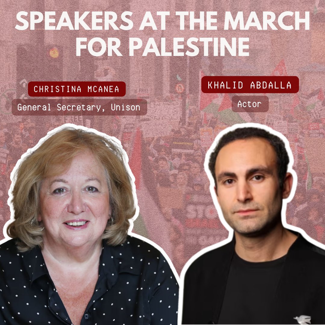 Palestine Solidarity Campaign (@pscupdates) on Twitter photo 🚨 Speakers announced for the march for Palestine
Join us on Saturday for the #Nakba77 march for Palestine to hear from a great lineup of speakers including:
<a href="/DalrympleWill/">William Dalrymple</a>
<a href="/LeanneMohamad/">Leanne Mohamad</a>
<a href="/GhassanAbuSitt1/">Ghassan Abu Sitta</a>
<a href="/khalidabdalla/">Khalid Abdalla</a>
Christina McAnea, General Secretary of <a href="/unisontheunion/">UNISON - UK's largest union</a> 🚨 Speakers announced for the march for Palestine
Join us on Saturday for the #Nakba77 march for Palestine to hear from a great lineup of speakers including:
<a href="/DalrympleWill/">William Dalrymple</a>
<a href="/LeanneMohamad/">Leanne Mohamad</a>
<a href="/GhassanAbuSitt1/">Ghassan Abu Sitta</a>
<a href="/khalidabdalla/">Khalid Abdalla</a>
Christina McAnea, General Secretary of <a href="/unisontheunion/">UNISON - UK's largest union</a>