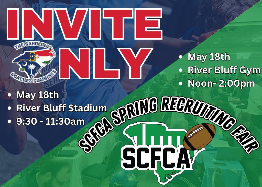 Carolinas Coaches Combine (@coachescombines) on Twitter photo 🚨ATTN College Coaches🚨
Reminder the SCFCA Spring Recruiting Fair is this Sunday at <a href="/Gator_Athletics/">River Bluff HS Gator Athletics</a> right after the Invite Only
HS Coaches: Bring your own table & extension cords, space is limited
<a href="/SCFCA1/">SCFCA</a> <a href="/willsstrength/">Williams Strength</a> <a href="/JohnsonLambe/">Johnson Lambe Sporting Goods</a> <a href="/foundersfcu/">Founders FCU</a> <a href="/YorkRecruits/">York HS FB Recruits</a> 🚨ATTN College Coaches🚨
Reminder the SCFCA Spring Recruiting Fair is this Sunday at <a href="/Gator_Athletics/">River Bluff HS Gator Athletics</a> right after the Invite Only
HS Coaches: Bring your own table & extension cords, space is limited
<a href="/SCFCA1/">SCFCA</a> <a href="/willsstrength/">Williams Strength</a> <a href="/JohnsonLambe/">Johnson Lambe Sporting Goods</a> <a href="/foundersfcu/">Founders FCU</a> <a href="/YorkRecruits/">York HS FB Recruits</a>