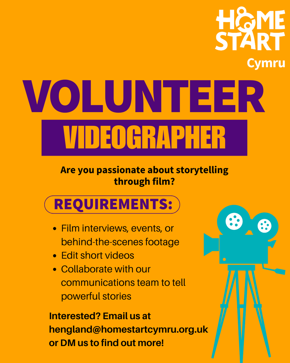 🎥 Volunteer Videographer Wanted!
📍 Location: Wales, Remote/Hybrid
🗓️ Commitment: Flexible
🎯 Perfect for: Students, aspiring filmmakers, or media pros w

📩 Interested? Email us at hengland@homestartcymru.org.uk or DM us to find out more!