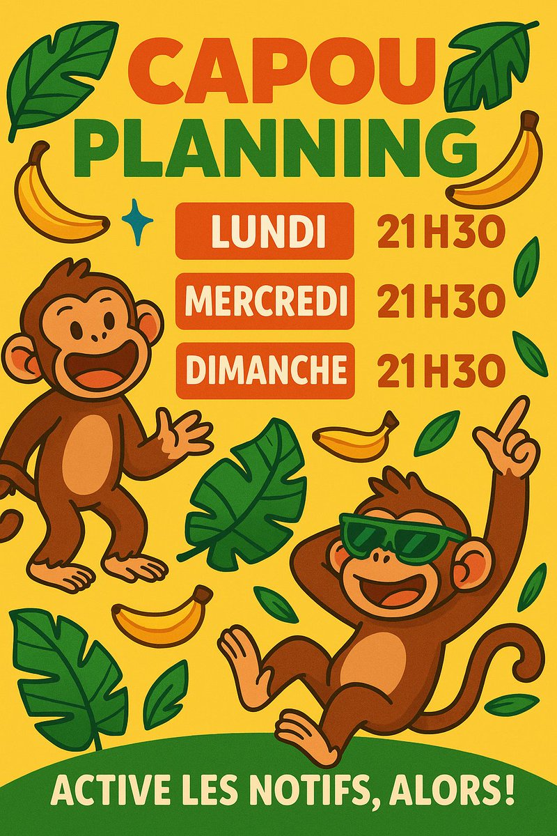 OfficialCapou's tweet image. Chose promise, chose due
Voici le planning officiel du singe :
📆𝗟𝘂𝗻𝗱𝗶, 𝗠𝗲𝗿𝗰𝗿𝗲𝗱𝗶, 𝗗𝗶𝗺𝗮𝗻𝗰𝗵𝗲 𝗮̀ 𝟮𝟭𝗵𝟯𝟬
Au programme : des fails, des cris, des bananes, et parfois un peu de gameplay.
👉 twitch.tv/capouuuuuu
🍌 Active les notifs
