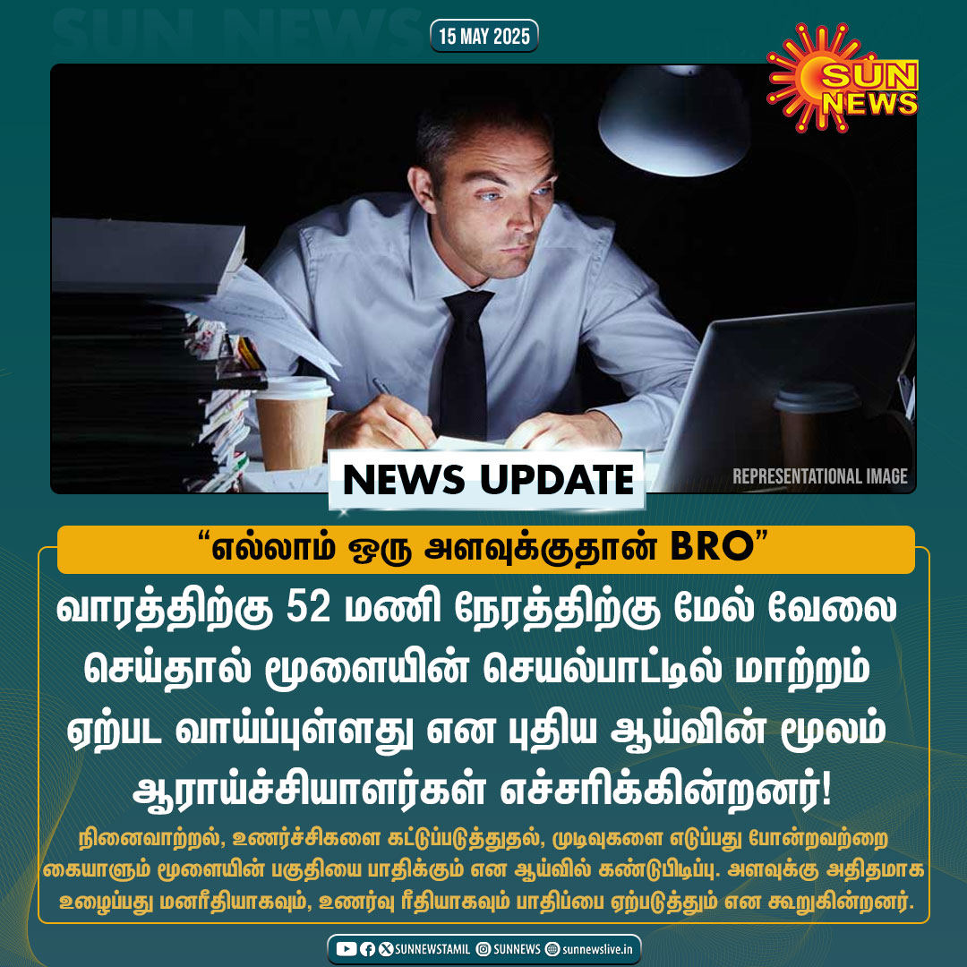 sunnewstamil's tweet image. #NewsUpdate | வாரத்திற்கு 52 மணி நேரம் வேலை செய்தால் இவ்வளவு பாதிப்பா..? எச்சரிக்கும் ஆராச்சியாளர்கள்!

#SunNews | #Workaholic | #52HoursWork