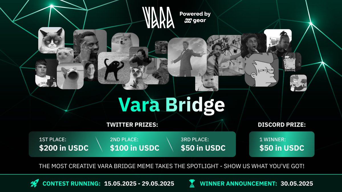 Meme masters, it's your time to shine.

Show your degen skills and create cool memes about the Vara 🔁 Ethereum Bridge mainnet launch!

💰 $450 in prizes
💬 Community voting
🖼️ Dank memes only

Details below 🧵