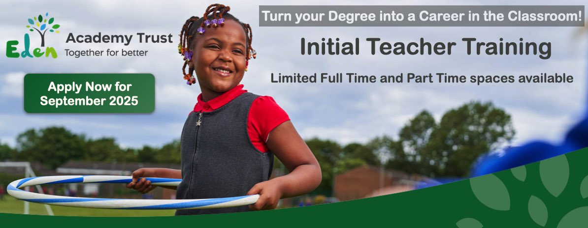 Eden Academy Trust (@eden_trust) on Twitter photo Evidence based training from expert educators.
Learn to teach in a supportive and passionate community.
🕰️ Time is running out to secure your place on our Initial Teacher Training Programme.
🗣️ Get in touch to find out more - itt@edenacademytrust.co.uk Evidence based training from expert educators.
Learn to teach in a supportive and passionate community.
🕰️ Time is running out to secure your place on our Initial Teacher Training Programme.
🗣️ Get in touch to find out more - itt@edenacademytrust.co.uk