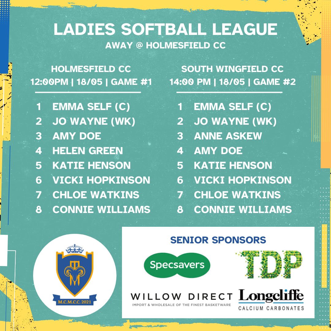 🚨 TEAM NEWS!! 🚨

5 Games this Weekend!

SATURDAY | 17/05

1️⃣ 1st Team (A) Vs Ambergate
2️⃣ 2nd Team (H) Vs Clowne
3️⃣ 3rd Team (H) Vs Cutthorpe

SUNDAY | 18/05
Ladies Softball League (A) @ Holmesfield CC

Game #1 | 12pm Vs Holmesfield
Game #2 | 14:00pm Vs South Wingfield

#MCMCC
