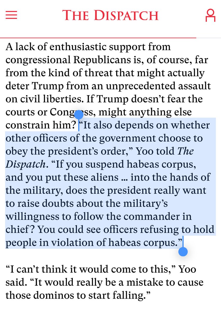 John Yoo, former clerk to Justice Thomas: “zero chance” courts would allow suspension of writ of habeas corpus over immigration. 

Suspending habeas would provide “much stronger ground for impeachment than Trump’s first two rides on that rodeo.”

thedispatch.com/article/habeas…