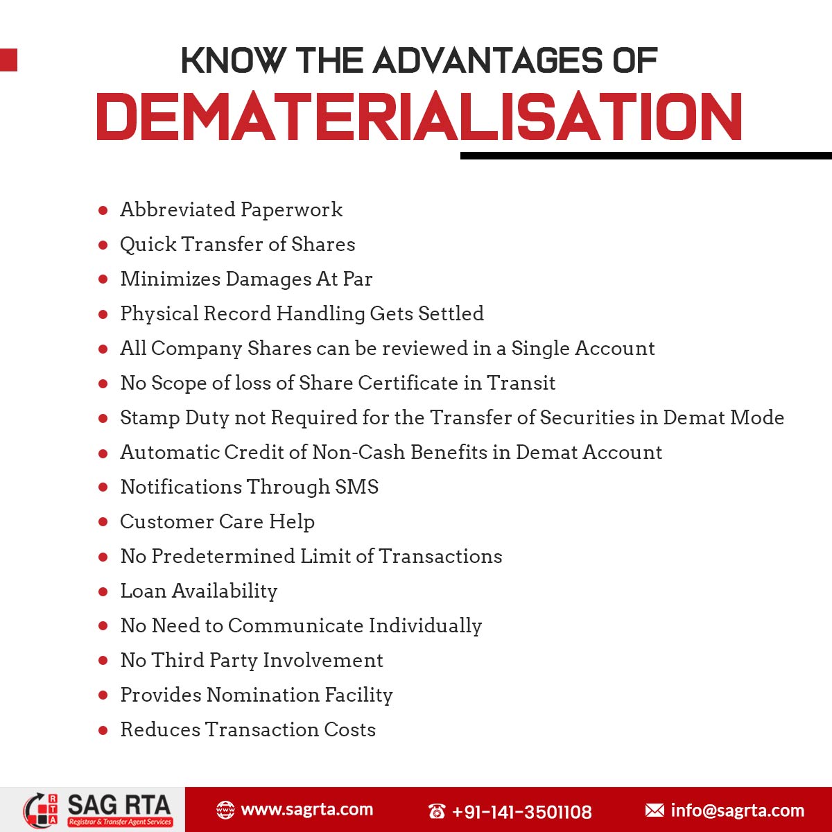 sag_rta's tweet image. There are many advantages of #dematerialization, and the big advantage of a #demataccount is no scope of loss of shares. Read the complete blog to know the other advantages of a #demat.
Get more: bit.ly/4di0iN7
#SAGRTA #NSDL #CDSL #Dividends #SEBI #Securities #RTAForms