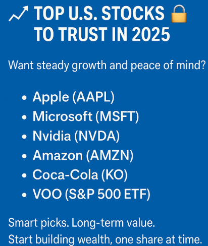 📈Top U.S. Stocks to Trust in 2025 💡
Want steady growth and peace of mind? 
Here are a few to watch:   
Apple (AAPL)   
Microsoft (MSFT)   
Nvidia (NVDA)   
Amazon (AMZN)   
Coca-Cola (KO)   
VOO (S&amp;P 500 ETF) 
 📊#Investing #StockMarket $HIMS $TSLA $AMZN $META $MSFT $NVDA $SOFI