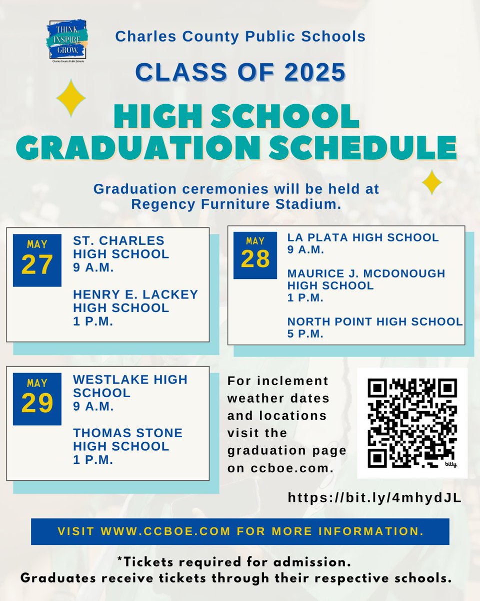 Charles County Public Schools (CCPS) will celebrate the Class of 2025 during in-person graduation ceremonies at Regency Furniture Stadium this spring. Set for May 27 through May 29, CCPS has partnered once again with Regency Furniture Stadium and the Charles County Government to