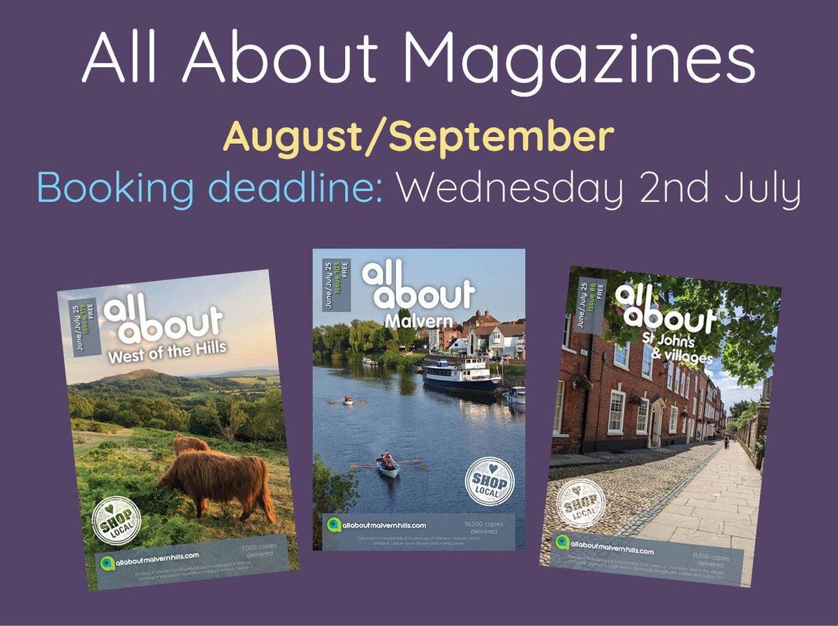 We are now working on the Aug/Sept 2025 edition of All About Magazines.  Does your business want to reach new customers in the Malvern Hills and Worcester area? Contact us on 01684 252242 or email sascha@allabout-local.com to find more.  allaboutmalvernhills.com