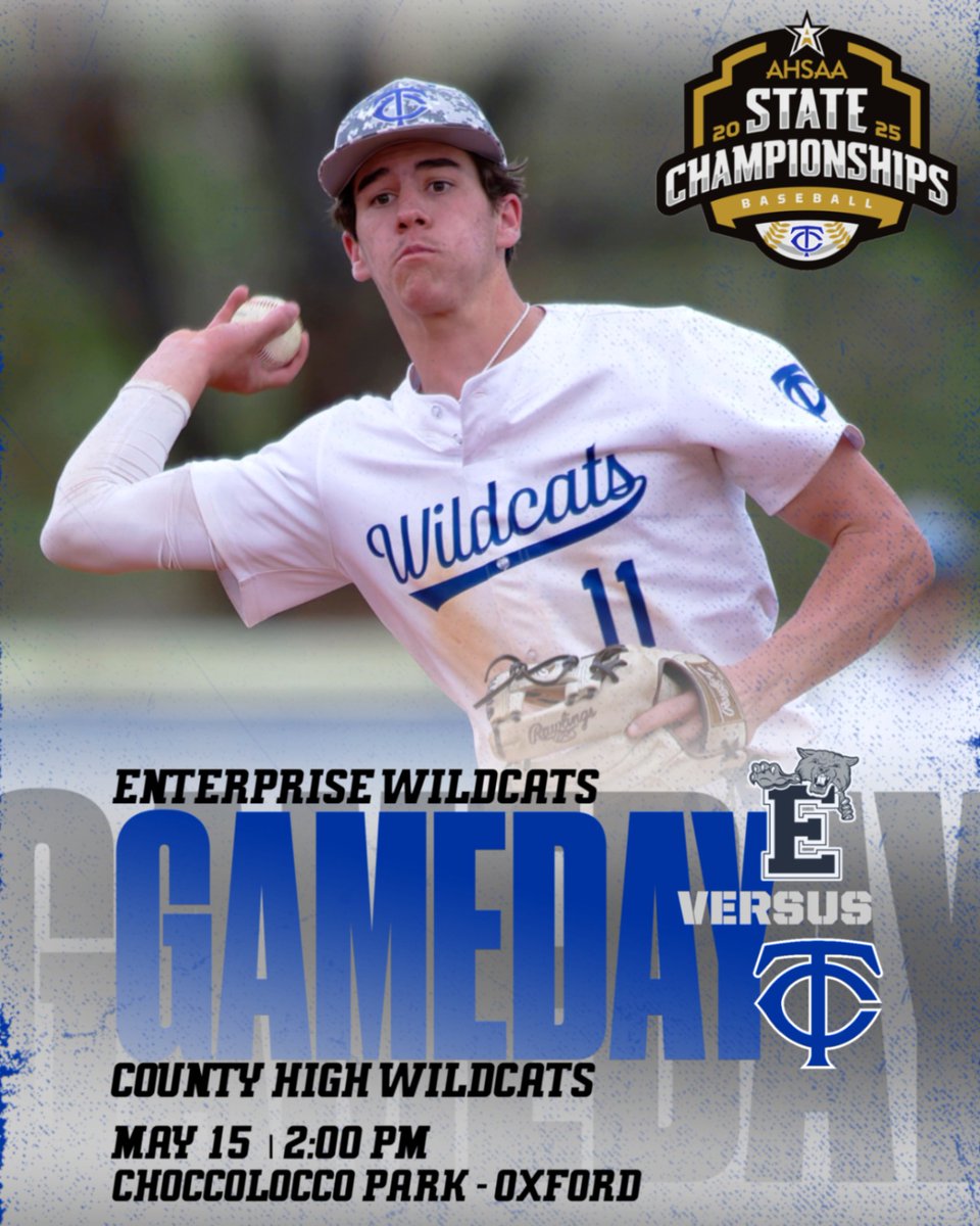 AHSAA 7A Baseball Championship Series
#7 County High 🆚 #3 Enterprise
#BattleOfTheWildcats
Game 1 - May 15th at 2PM
Oxford - Choccolocco Park
🎟️ - $14 - GoFan - gofan.co/app/school/AHS…
🅿️ - #Parking $5 #Cash