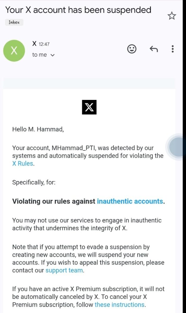 Heyy <a href="/X/">X</a> 
<a href="/MHammad_PTI/">M. Hammad</a> had their account unfairly suspended. They’ve always been a positive part of  X. 
Can you please review and restore their account ? 
Let the people speak