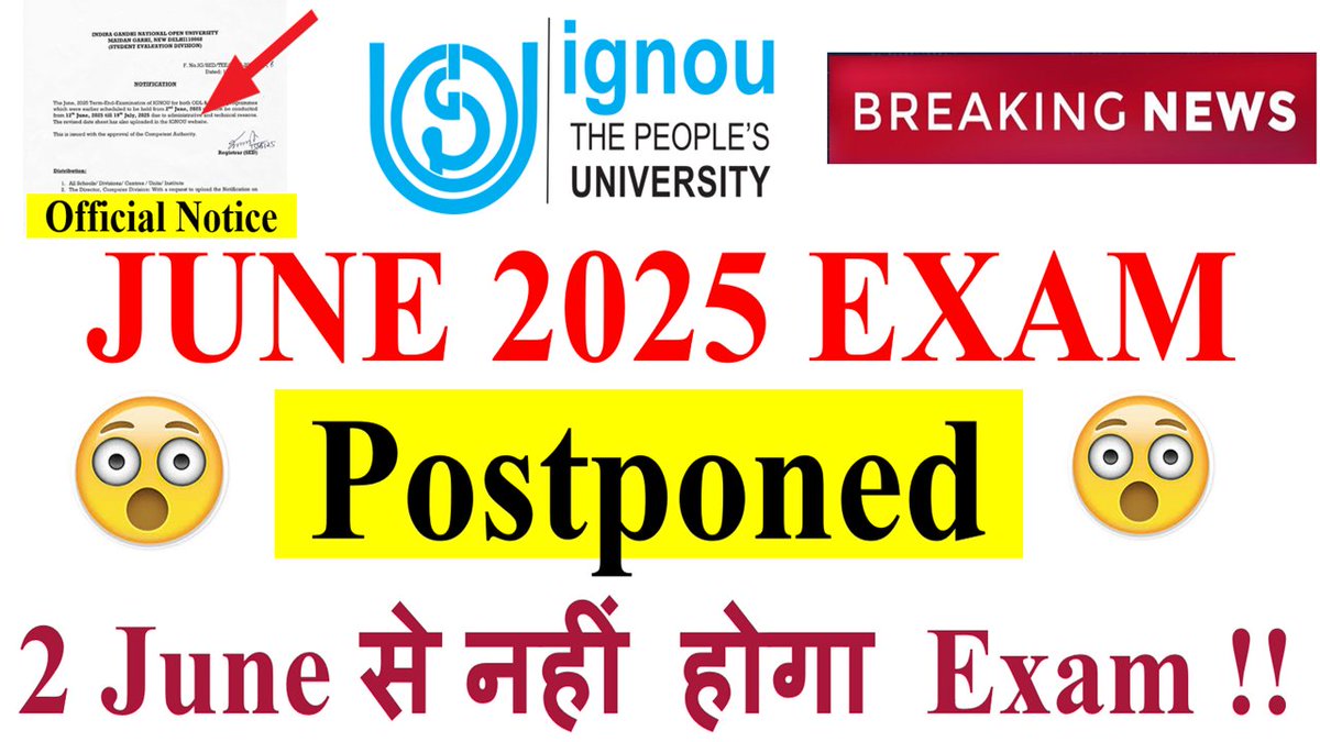 youtu.be/9fS-WKhjl4c ( Video Link ) IGNOU June 2025 Exam Postponed | 2nd June से नहीं होगा Exam | Official Notice Released....

#ignouExamPostponed, #ignouJune2025ExamPostponed, #ignouExam2025