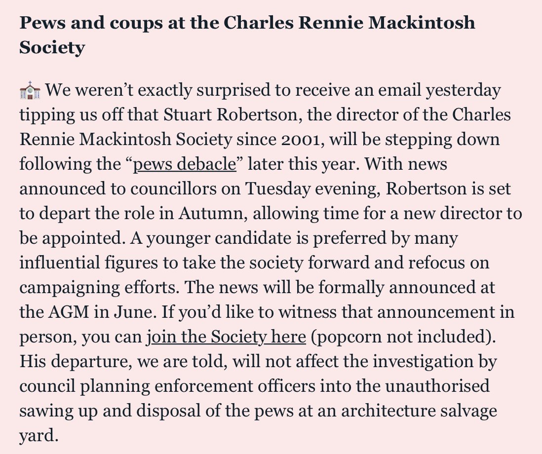 My cheeky exclusive about the imminent departure of the Charles Rennie Mackintosh Society director in the
<a href="/theglasgowbell/">The Bell</a> 🍿