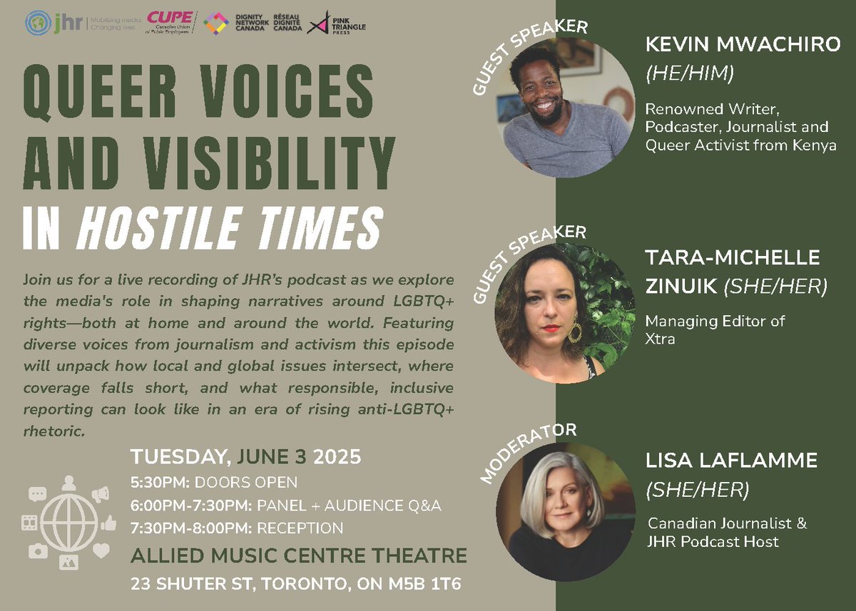 Journalists for Human Rights (JHR) (@jhrnews) on Twitter photo In celebration of #PrideMonth, JHR is hosting a live recording of the #JHRPodcast in Toronto, in partnership with Dignity Network Canada <a href="/InfoDignity/">Dignity Network / Le Réseau Dignité</a>, CUPE & Pink Triangle Press <a href="/ptp_media/">Pink Triangle Press</a> 👉lu.ma/rjn3uesd
Queer Voices and Visibility in Hostile Times
This special In celebration of #PrideMonth, JHR is hosting a live recording of the #JHRPodcast in Toronto, in partnership with Dignity Network Canada <a href="/InfoDignity/">Dignity Network / Le Réseau Dignité</a>, CUPE & Pink Triangle Press <a href="/ptp_media/">Pink Triangle Press</a> 👉lu.ma/rjn3uesd
Queer Voices and Visibility in Hostile Times
This special