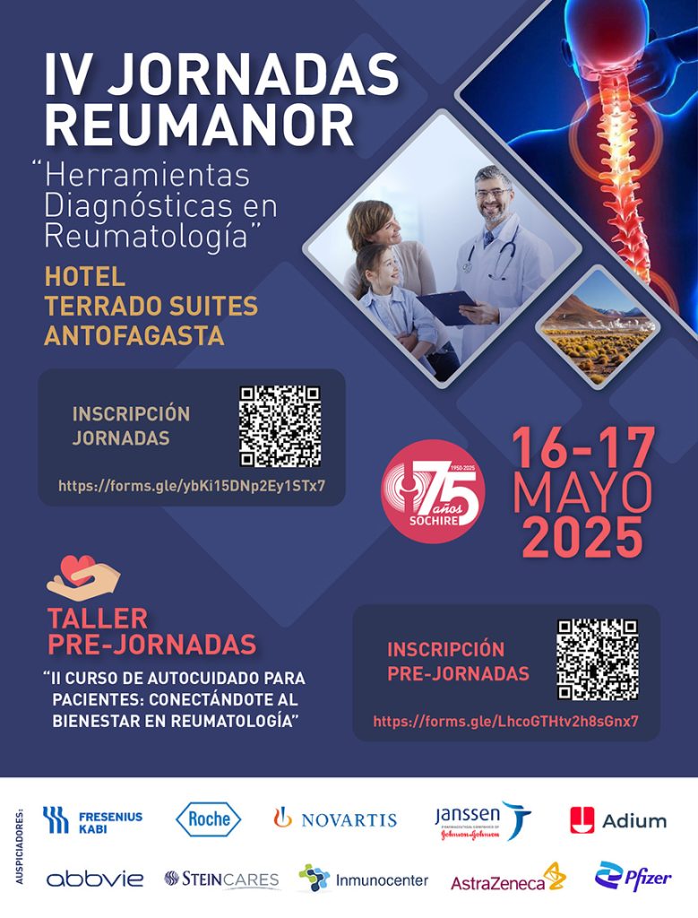 La Filial Norte de SOCHIRE (REUMANOR) los invita a participar de un nuevo curso: IV Jornadas REUMANOR, el Curso que contará con un PROGRAMA TALLER PRE-JORNADAS. Los esperamos este viernes!.