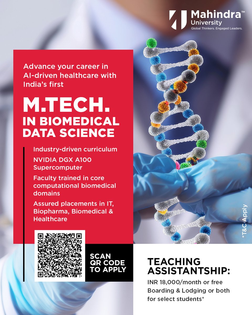 Mahindra University (@mahindrauni) on Twitter photo We are inviting applications for Indiaโs first MTech in Biomedical Data Science programme, offered by the <a href="/CLS4MU/">Mahindra University Centre for Life Sciences</a> at #MahindraUniversity. Whether you're from engineering, life sciences, pharmacy, or medical sciences, this program is your gateway to an exciting career. Apply Now! We are inviting applications for Indiaโs first MTech in Biomedical Data Science programme, offered by the <a href="/CLS4MU/">Mahindra University Centre for Life Sciences</a> at #MahindraUniversity. Whether you're from engineering, life sciences, pharmacy, or medical sciences, this program is your gateway to an exciting career. Apply Now!