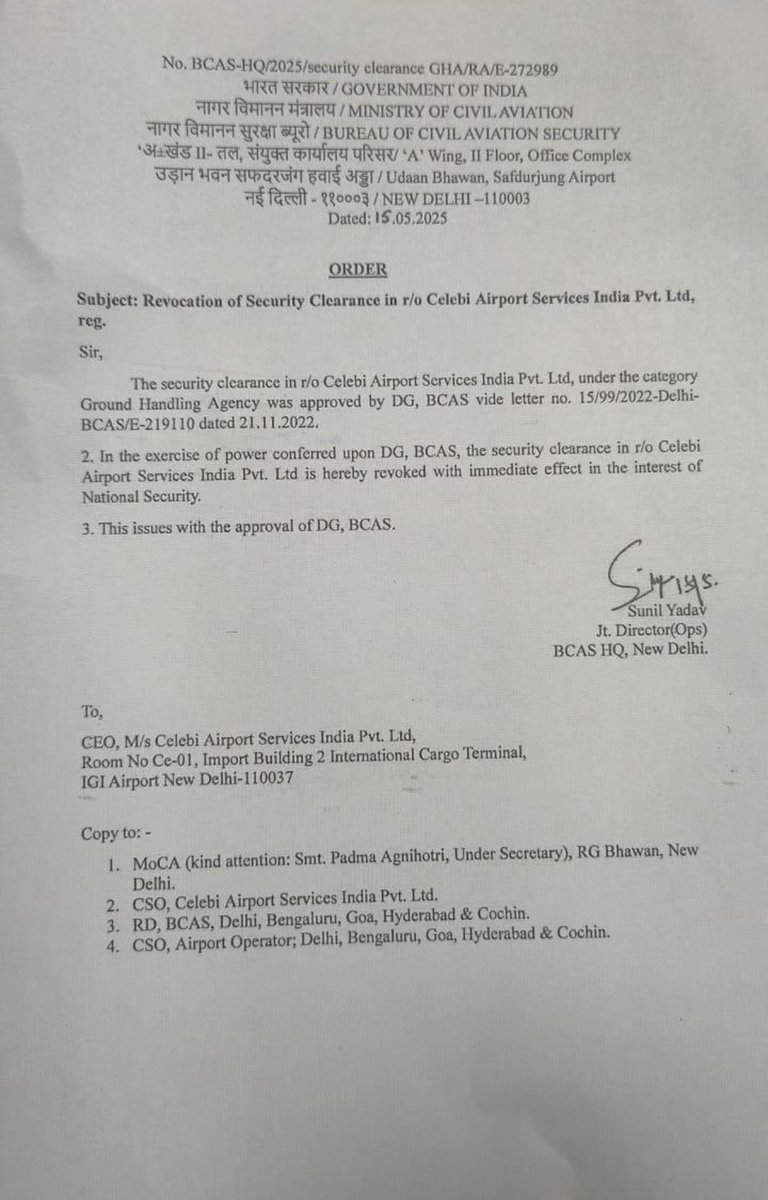 The apex body for aviation security revokes security clearance for Turkish ground handling agency Celebi with immediate effect “in the interest of national security”