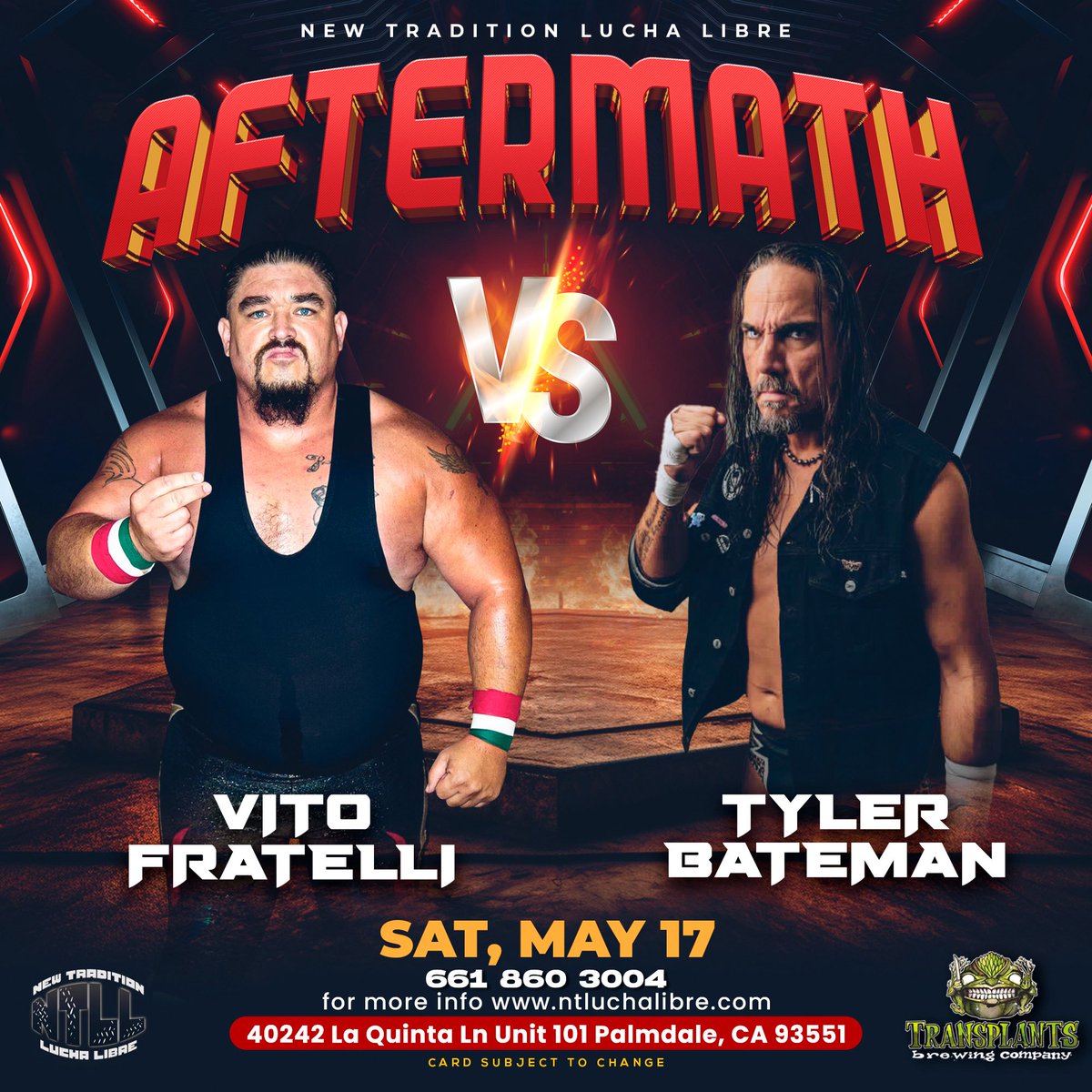 New Tradition Lucha Libre (@ntluchalibre) on Twitter photo This Saturday 2 of SoCal top guys will meet for the first time in what will be an instant Banger get your tickets now!!!! ntluchalibre.com
<a href="/VFratelli/">Vito Fratelli</a> vs #Tylerbateman
<a href="/socaluncensored/">SoCal UNCENSORED</a>
<a href="/OfficialPWI/">PWI (Pro Wrestling Illustrated)</a> <a href="/PWInsidercom/">PWInsider.com</a> <a href="/TheAllianceBlog/">Alliance-Wrestling</a> This Saturday 2 of SoCal top guys will meet for the first time in what will be an instant Banger get your tickets now!!!! ntluchalibre.com
<a href="/VFratelli/">Vito Fratelli</a> vs #Tylerbateman
<a href="/socaluncensored/">SoCal UNCENSORED</a>
<a href="/OfficialPWI/">PWI (Pro Wrestling Illustrated)</a> <a href="/PWInsidercom/">PWInsider.com</a> <a href="/TheAllianceBlog/">Alliance-Wrestling</a>