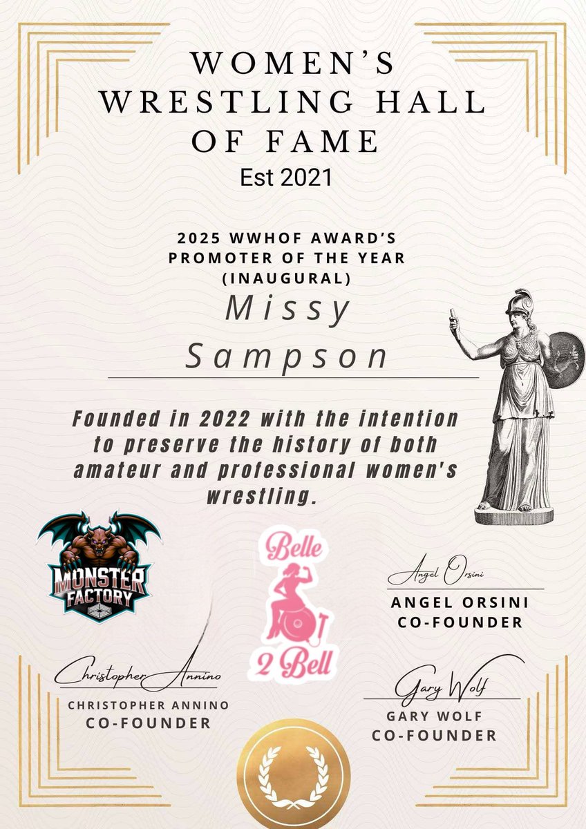 Well I woke up to the results being in. Nominated no more, I will be inducted into the Women’s Wrestling Hall of Fame as their inaugural Promoter of the Year! I would like to thank Chris, Angel, Gary and the rest of the panel for their recognition! Stay tuned for induction info!