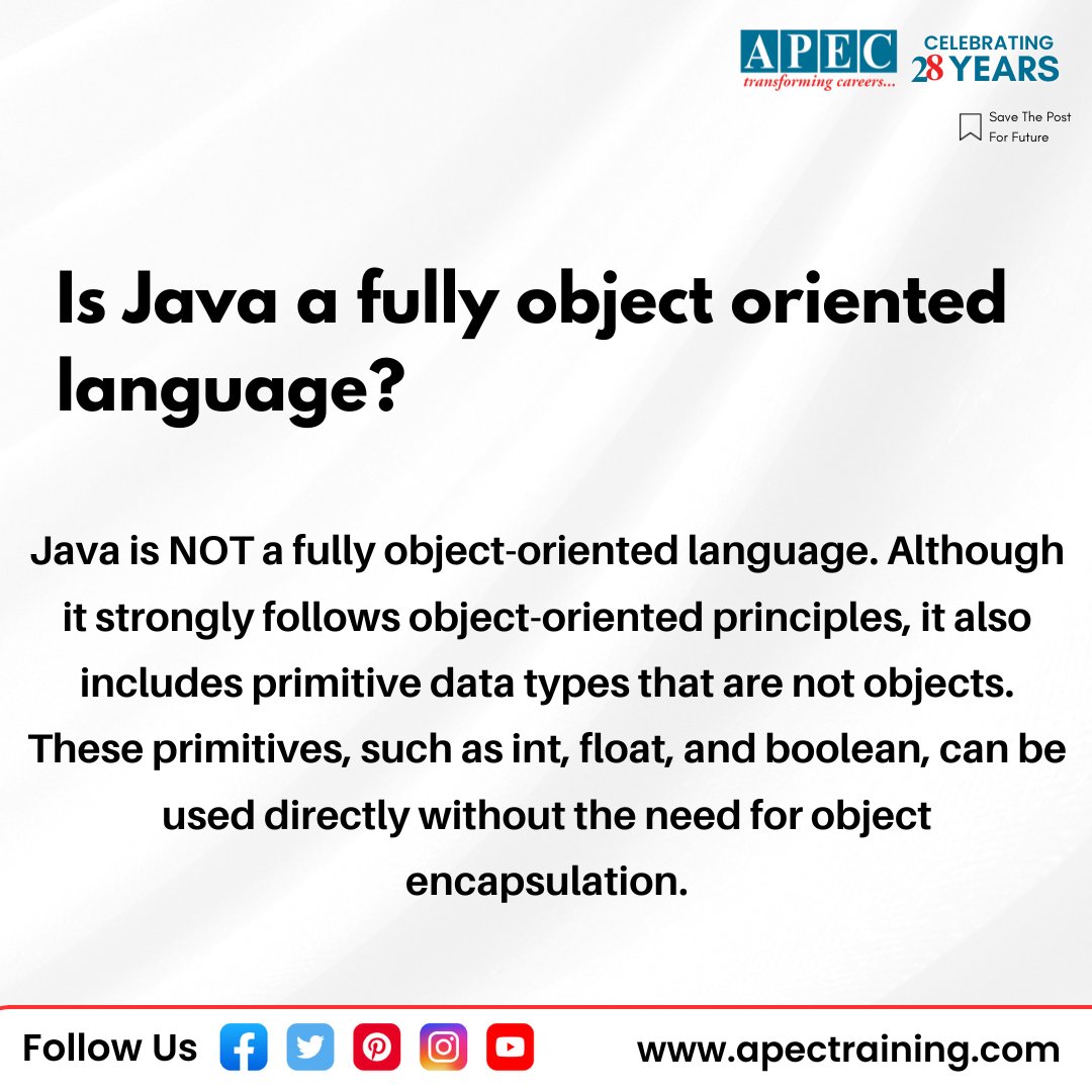 apecITtraining's tweet image. Java Interview question | APEC Training
#Day02
Q) Is Java a fully object oriented language?
New Batches Starting Register Now: - t.ly/soH_l
For More Details:
Visit: apectraining.com
ThankYou
-APEC Training
#JavaInterviewQuestions #JavaCodingInterview