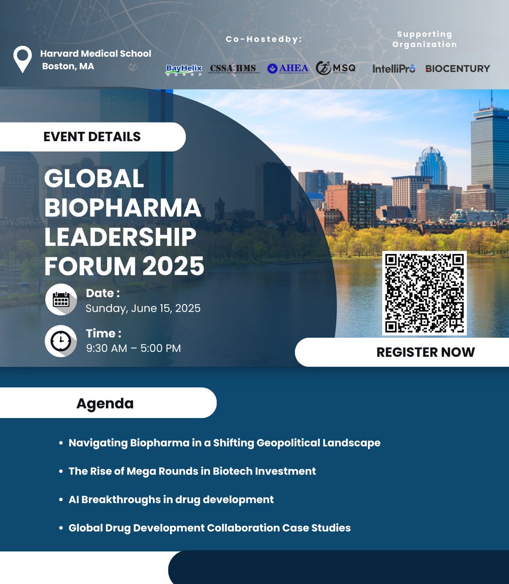 Biopharma leaders gathering in Boston this June!

Join us June 15 at Harvard Medical School for a power-packed Leadership Forum focused on global strategy, AI, mega-rounds, and cross-border deals.

Register now: lnkd.in/envmTnjs

#Biotech #Biopharma #Innovation
