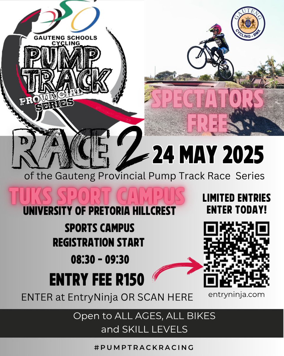 🚴‍♂️ Join us for the Gauteng Provincial Pump Track Race

🗓24 May 2025
📍 TuksSport Pump Track,Hatfield, Pretoria
🕒 08:30
👉 Enter at Entry Ninja rb.gy/j5zqsm 

#PumpTrackEvent #BikeLife #RegisterNow #RideAndShine #PumpTrackChallenge