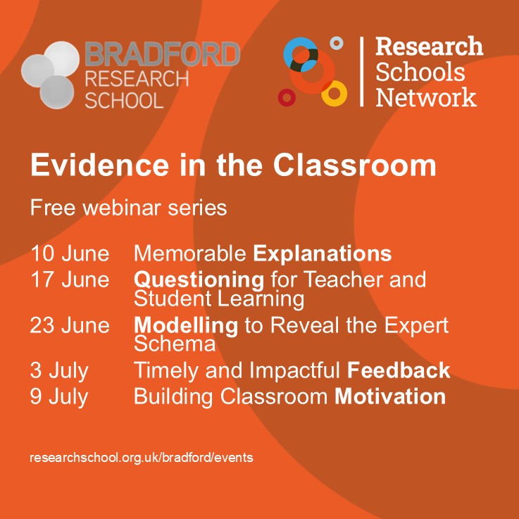Bradford Research School (@bradresearchsch) on Twitter photo Join our director <a href="/MarkMillerTeach/">Mark Miller</a> for the first of 5 free summer webinars focusing on evidence in the classroom: Memorable Explanations
Tuesday 10 June 4-5.15
researchschool.org.uk/bradford/event… Join our director <a href="/MarkMillerTeach/">Mark Miller</a> for the first of 5 free summer webinars focusing on evidence in the classroom: Memorable Explanations
Tuesday 10 June 4-5.15
researchschool.org.uk/bradford/event…