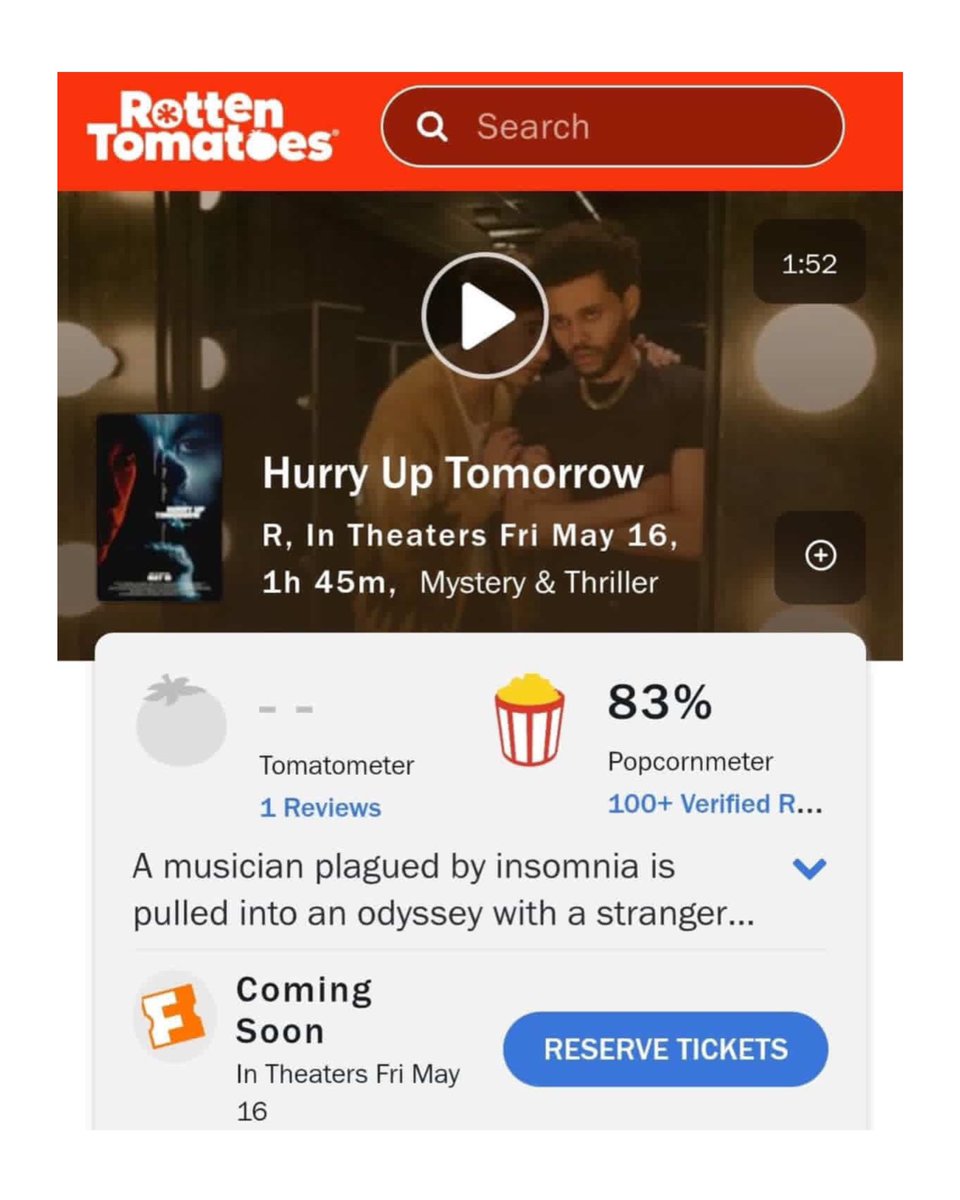 NewsWeeknd's tweet image. ‘Hurry Up Tomorrow’ debuts with an 83% audience score on Rotten Tomatoes.
