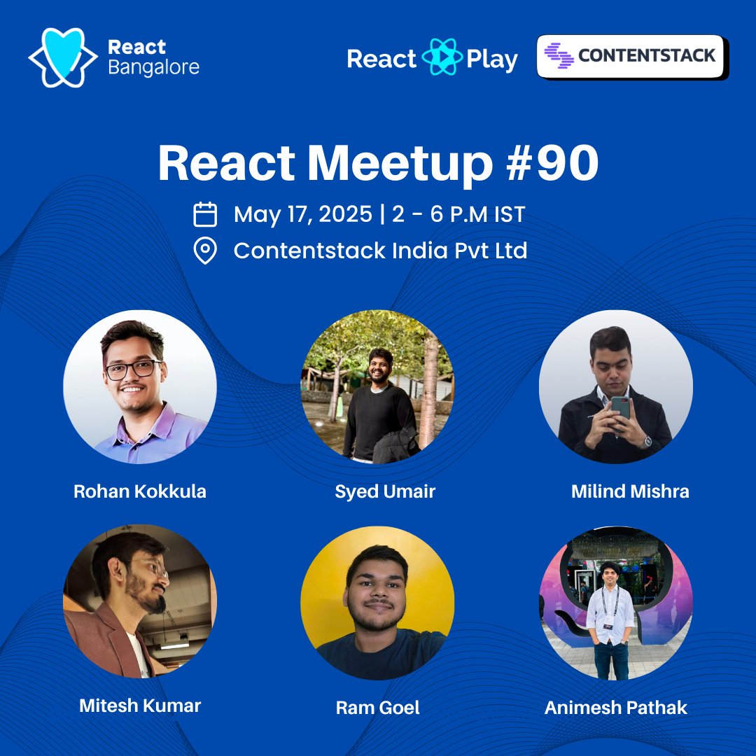 We are hosting React Meetup #90 at <a href="/Contentstack/">Contentstack</a>, in collaboration with <a href="/ReactPlayIO/">ReactPlay.IO</a>

📅 Timings: May 17, 2 - 6 PM IST
🏢 Venue: Contentstack India Pvt Ltd
👥 Speakers: <a href="/soberohan/">Rohan Kokkula</a> Syed Umair <a href="/milindmishra_/">Milind Mishra</a> Mitesh Kumar <a href="/theramgoel/">Ram Goel</a> @sonichigo1219  

Join us
meetup.com/reactjs-bangal…
