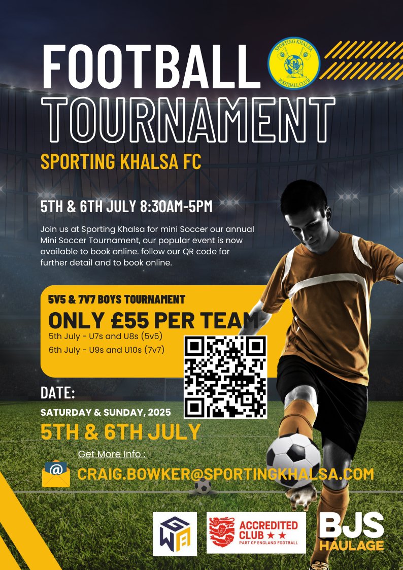 Sporting Khalsa Youth (@khalsayouth) on Twitter photo 🏆 Sporting Khalsa FC Tournament – 5-6 July 2025! 🏆
📍 U7-U10 teams
💷 £55/team
✅ Space left: U7-12, U8-6, U9-5, U10-10
Book now 👉 buytickets.at/sportingkhalsa…
Questions? Email craig.bowker@sportingkhalsa.com
#YouthFootball #FootballTournament 🏆 Sporting Khalsa FC Tournament – 5-6 July 2025! 🏆
📍 U7-U10 teams
💷 £55/team
✅ Space left: U7-12, U8-6, U9-5, U10-10
Book now 👉 buytickets.at/sportingkhalsa…
Questions? Email craig.bowker@sportingkhalsa.com
#YouthFootball #FootballTournament