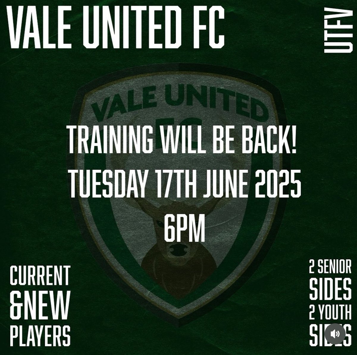 Not long now, boys be back to it, all welcome new and old players, see you in Corntown 17th June 6pm #UTFV 💚🖤
