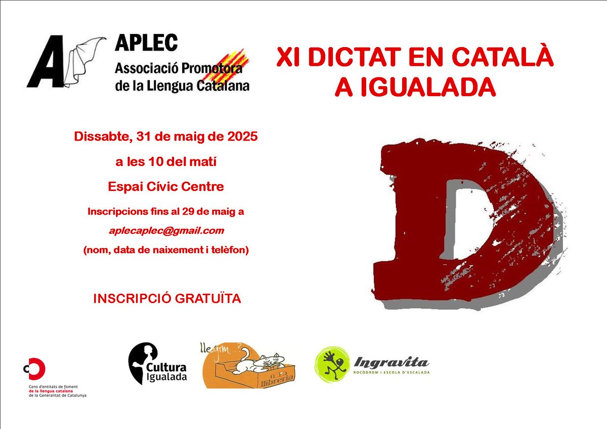 APLEC Igualada (@aplecigualada) on Twitter photo Ben aviat farem l'onzena edició del Dictat en Català a Igualada, que tindrà lloc a l'Espai Cívic Centre el proper dia 31 de maig.
Apunteu-vos-hi a aplecaplec@gmail.com Ben aviat farem l'onzena edició del Dictat en Català a Igualada, que tindrà lloc a l'Espai Cívic Centre el proper dia 31 de maig.
Apunteu-vos-hi a aplecaplec@gmail.com