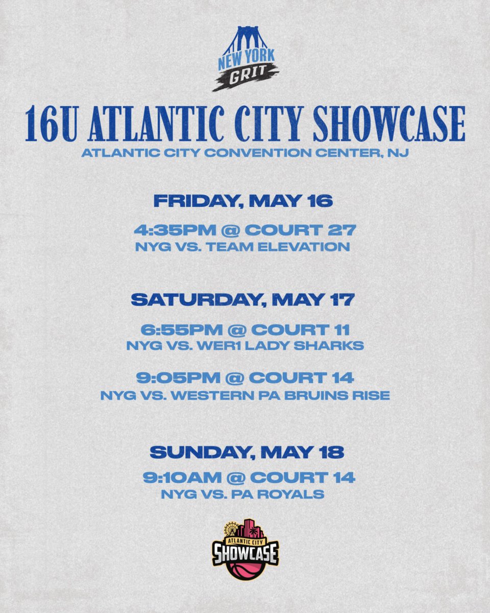 💪🏽💥Catch our 17U and 16U teams going to work at the Atlantic City Convention Center this weekend, May 16–18.
Coaches, don’t miss your chance to see these girls compete, connect, and showcase that New York GRIT on the big stage. Let’s get it! 🏀🔥

#gritstrong